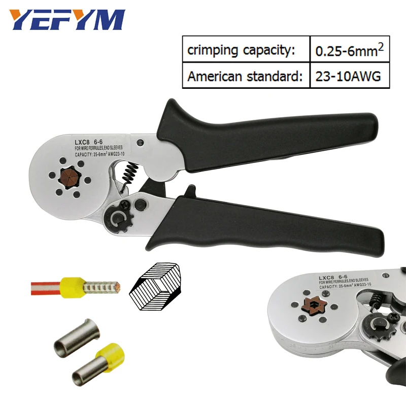 YEFYM LXC8 6-6 wire crimping pliers for tube type needle type terminal crimp self-adjusting capacity 0.25-6 mm2 23-10 AWG tool
YEFYM LXC8 6-6 wire crimping pliers for tube type needle type terminal crimp self-adjusting capacity 0.25-6 mm2 23-10 AWG tool