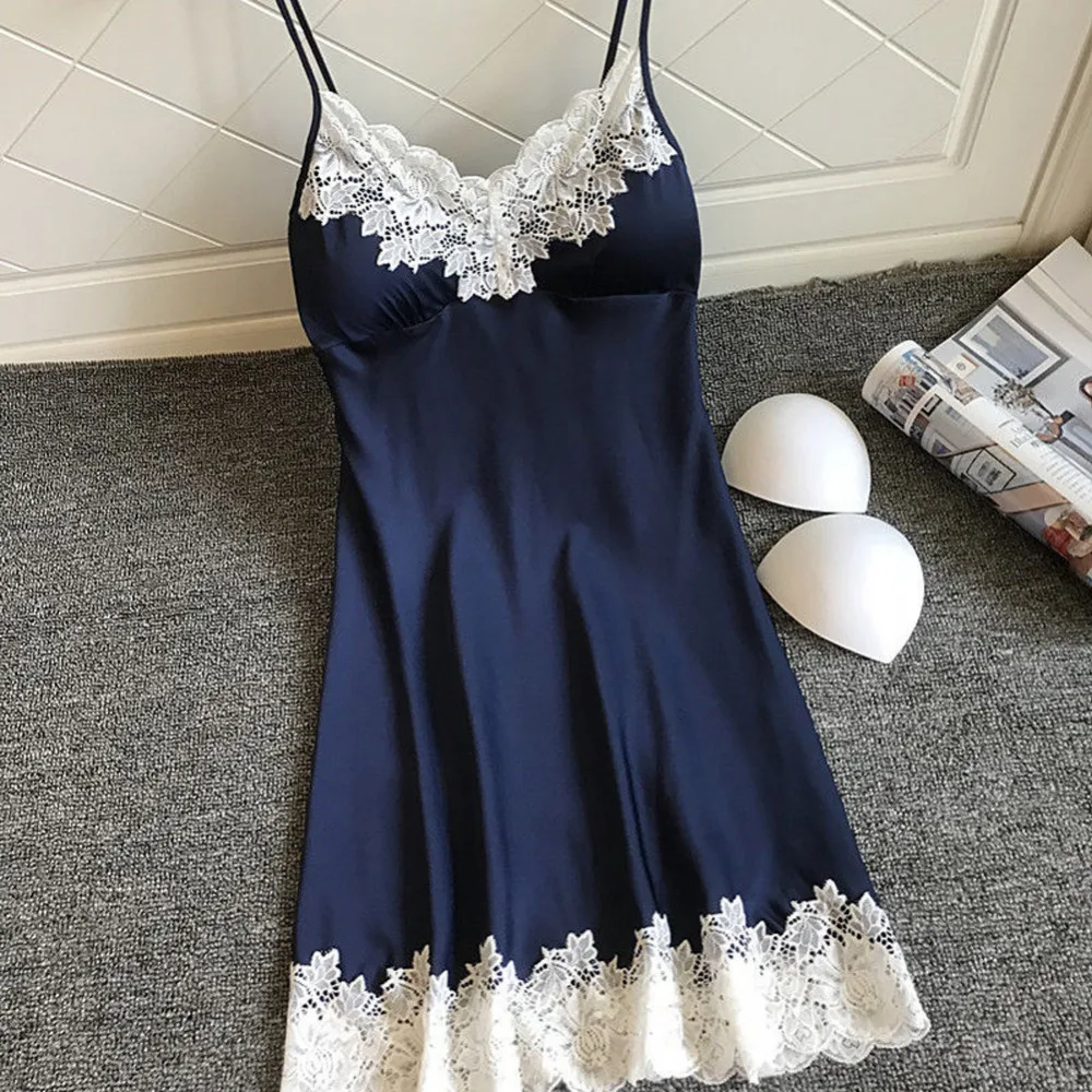 New Satin Sleepwear Women Ladies Nightwear Nightdress Sexy Lingerie with Chest PadsNightwear Lingerie Koszula Nocna Damska Z0304
New Satin Sleepwear Women Ladies Nightwear Nightdress Sexy Lingerie with Chest PadsNightwear Lingerie Koszula Nocna Damska Z0304