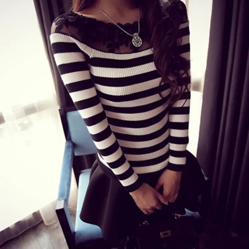 Knitted Women Tops Black And White Striped Blouse Fashion Lace Floral Embroidery Shirts Long Sleeve Knitwear
Knitted Women Tops Black And White Striped Blouse Fashion Lace Floral Embroidery Shirts Long Sleeve Knitwear