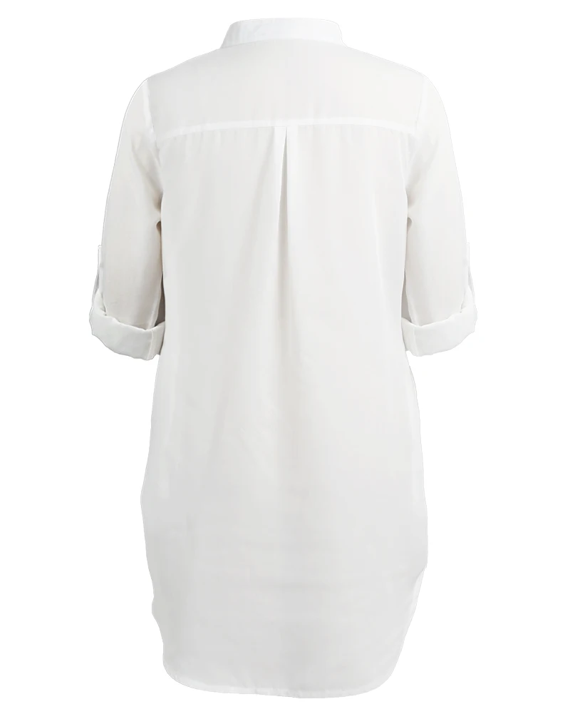 Plus Size - Chiffon Blouse Shirt V Neck Pockets Roll Up Long Sleeve Asymmetrical Shirt (Us 12-22W)