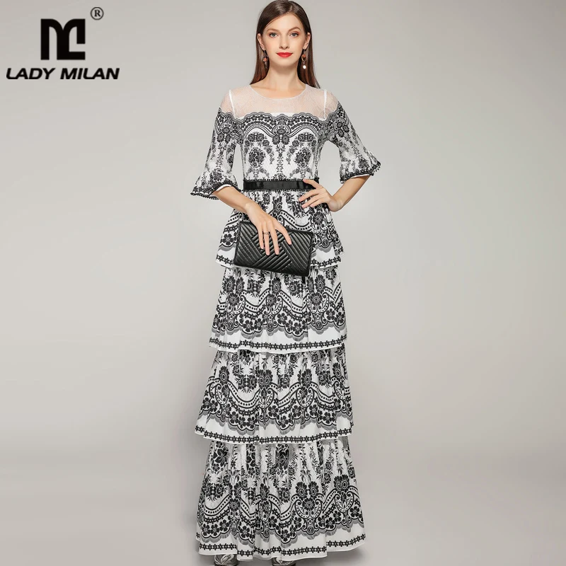 Lady Milan Women's Runway Designer Dresses O Neck 3/4 Flare Sleeves Lace Patchwork Prom Tiered Ruffles Elegant Long Dresses
Lady Milan Women's Runway Designer Dresses O Neck 3/4 Flare Sleeves Lace Patchwork Prom Tiered Ruffles Elegant Long Dresses