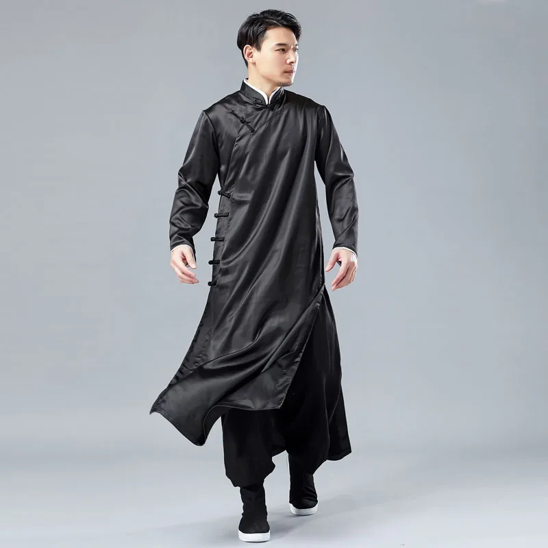 Фото Men China Style Casual Long Sleeve Shirt Robe Male Satin Dress Stage Clothing Chinese Kongfu Costumes | Мужская одежда