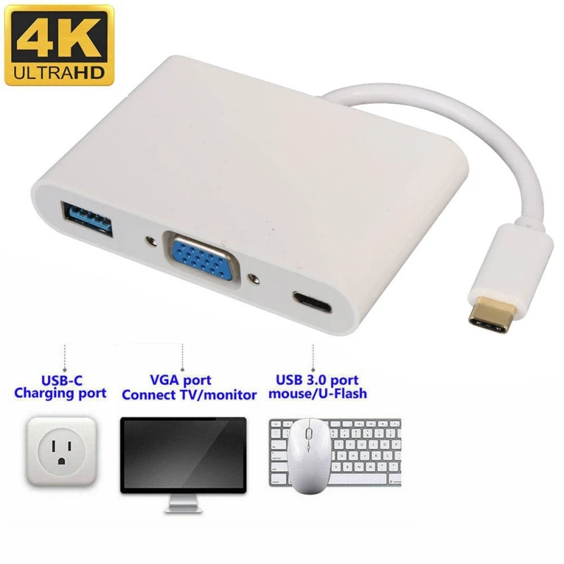 USB C к VGA адаптер 3-в-1 многопортовый тип видео конвертер кабель Женский/USB 3 0