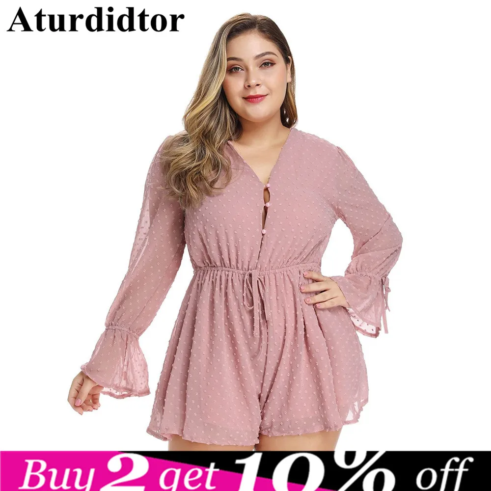 

Plus Size Navy Surplice Wrap Belted Pink Sexy V Neck Romper 2019 Women Summer Boho Long Bell Sleeve Knot Playsuit Large Jumpsuit