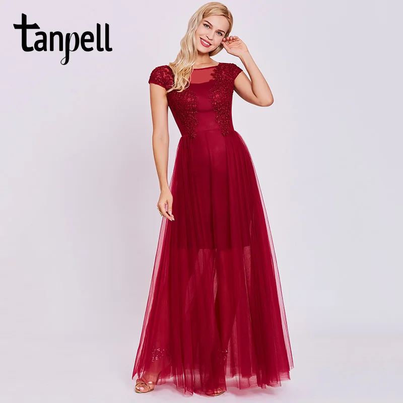 Tanpell appliques long evening dress burgundy short sleeves floor length a line gown cheap women scoop prom formal evening dress
Tanpell appliques long evening dress burgundy short sleeves floor length a line gown cheap women scoop prom formal evening dress