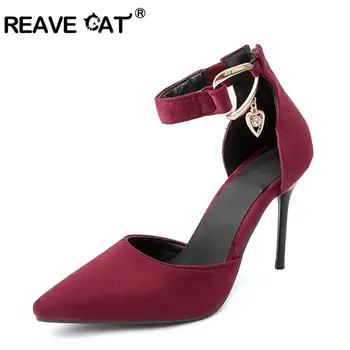 

REAVE CAT Sexy Women Pumps Gladiator Flock Thin Heels Shoes Women Buckles Stiletto Footwear Brand Shoes Zapatos Mujer A414