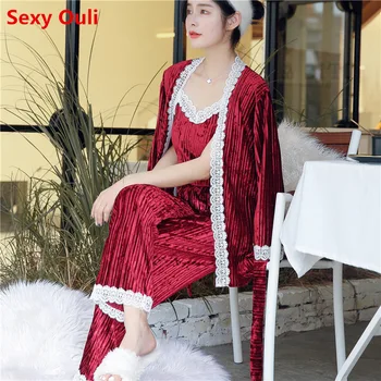 Ladies Winter Autumn Pajamas Set Velour Nightwear Sleepwear Long Sleeve Pyjama Set 3 Pieces V-neck Homewear For Women
Ladies Winter Autumn Pajamas Set Velour Nightwear Sleepwear Long Sleeve Pyjama Set 3 Pieces V-neck Homewear For Women
