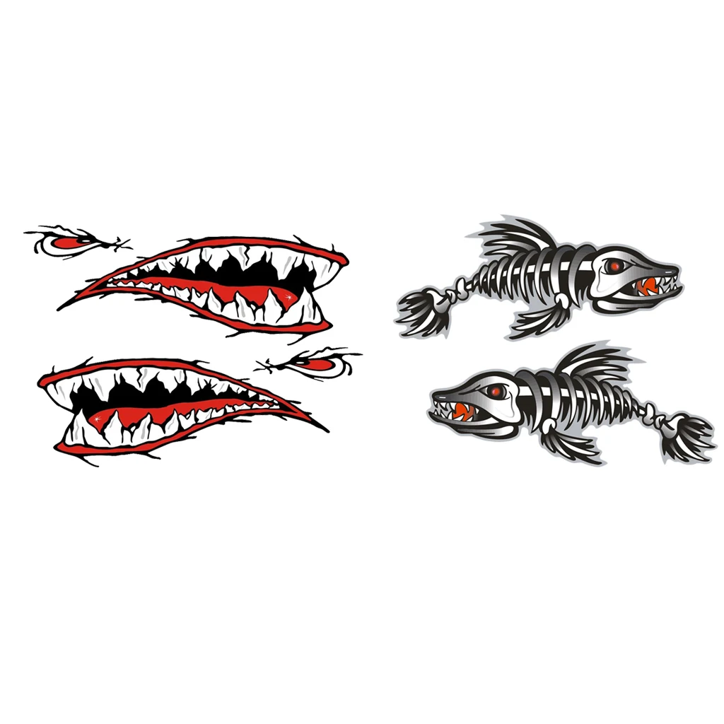 4 Pieces / Set Vinyl Shark Mouth Fish Bone Kayak Dinghy Fishing Boat Decals Car Bumper Wall Funny Stickers Vinyl