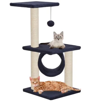 

Cat Tree with Sisal Scratching Posts 65 cm Dark Blue Cat Climbeer Frame 3 Floors With a Hanging Ball Toy Entertain Relax Viewing