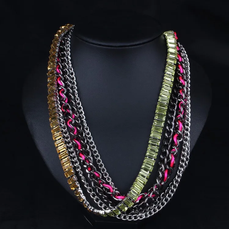 unique chains necklace, large costume chains necklace, crystal chains necklace mixed color statement necklace N2155