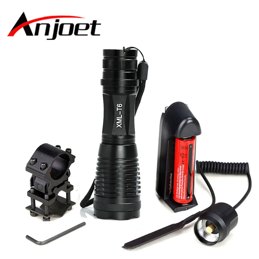 

Anjoet Hunting Tactical Flashlight XM-L T6 led 2000Lm 5Mode Zoomable torch light+1*18650 battery+Remote Switch+Charger+Gun Mount