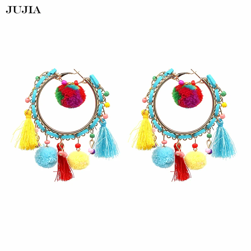 Colorful Ethnic Bohemian Big Round Hoop Earrings for Women Fashion Pom Pom Big India Jewelry Vintage 2019 
Colorful Ethnic Bohemian Big Round Hoop Earrings for Women Fashion Pom Pom Big India Jewelry Vintage 2019