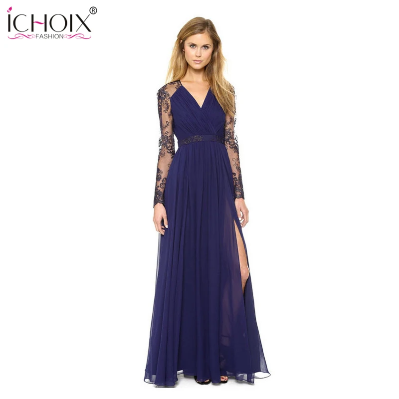 Elegant Floor Length Slit Chifon Dress Summer Lace Long Maxi Dress Blue v-Neck Evening Party Dress Long Sleeve Women Vestidos 
Elegant Floor Length Slit Chifon Dress Summer Lace Long Maxi Dress Blue v-Neck Evening Party Dress Long Sleeve Women Vestidos