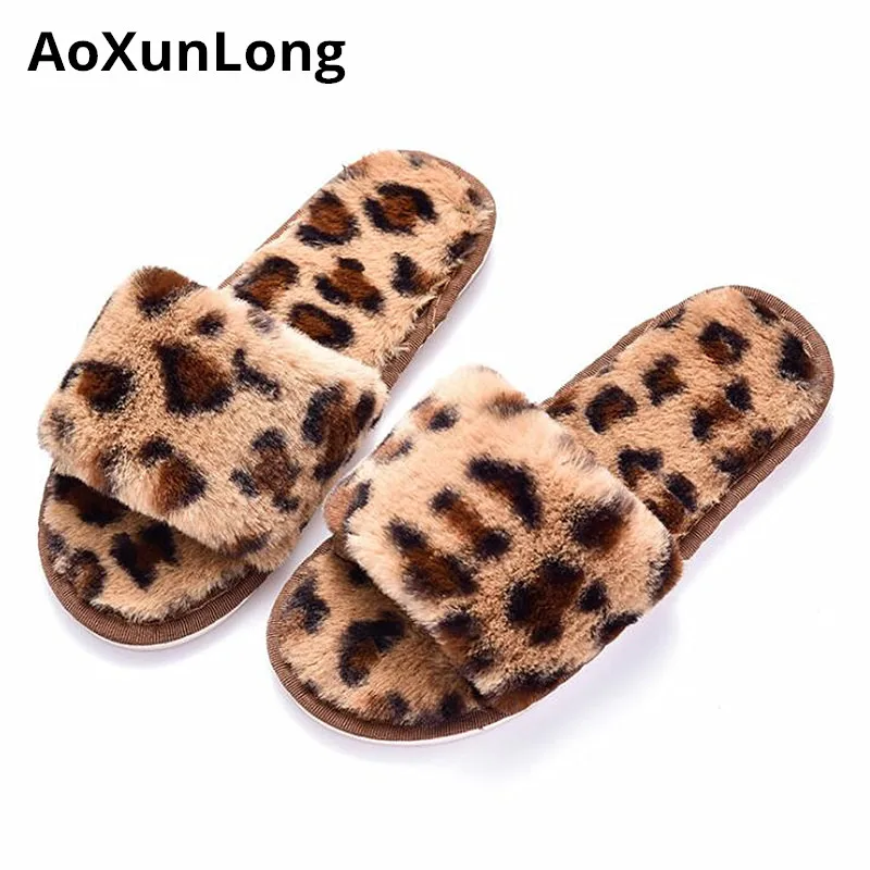 

AoXunLong Spring New Furry Slippers Women Rabbit Fur Home Slippers Fashion Leopard Slide Women Slippers Size 36-41 Hot Slipper