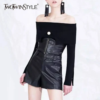TWOTWINSTYLE Pu Leather Shorts Female High Waist Slim Zipper Large Size Wide Leg Trouser 2020 Spring Fashion Sexy Clothing
TWOTWINSTYLE Pu Leather Shorts Female High Waist Slim Zipper Large Size Wide Leg Trouser 2020 Spring Fashion Sexy Clothing