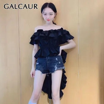 

GALCAUR Elegant Solid Blouse For Women Off Shoulder Slash Neck Short Sleeve Tunic Ruffles Asymmetrical Shirt Female Fashion 2020