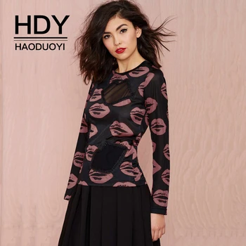 

HYH HAOYIHUI 2018 Autumn O-Neck Print Lips Tee Women Long Sleeve Regular Casual Loose Female T-shirt For Lady