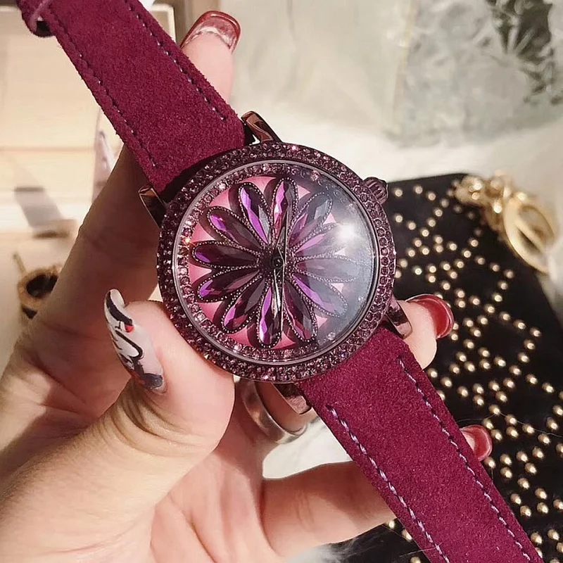 Fashion 360 Rotating Purple Sun Flower Dial Ladies Watch Diamond Purple Leather Strap Quartz Women's Watch relojes para mujer
Fashion 360 Rotating Purple Sun Flower Dial Ladies Watch Diamond Purple Leather Strap Quartz Women's Watch relojes para mujer