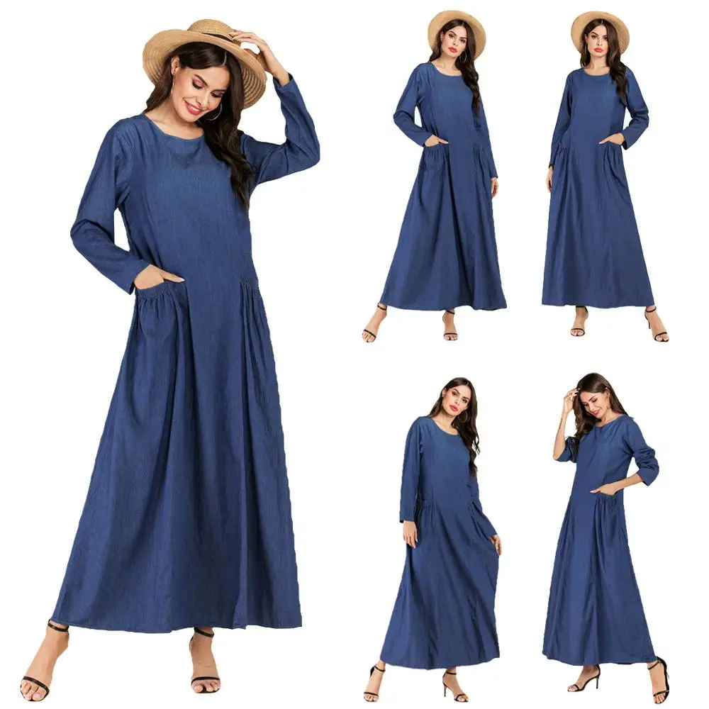 Новые женские мусульманские Длинные платья Abaya джинсовый кафтан халат с