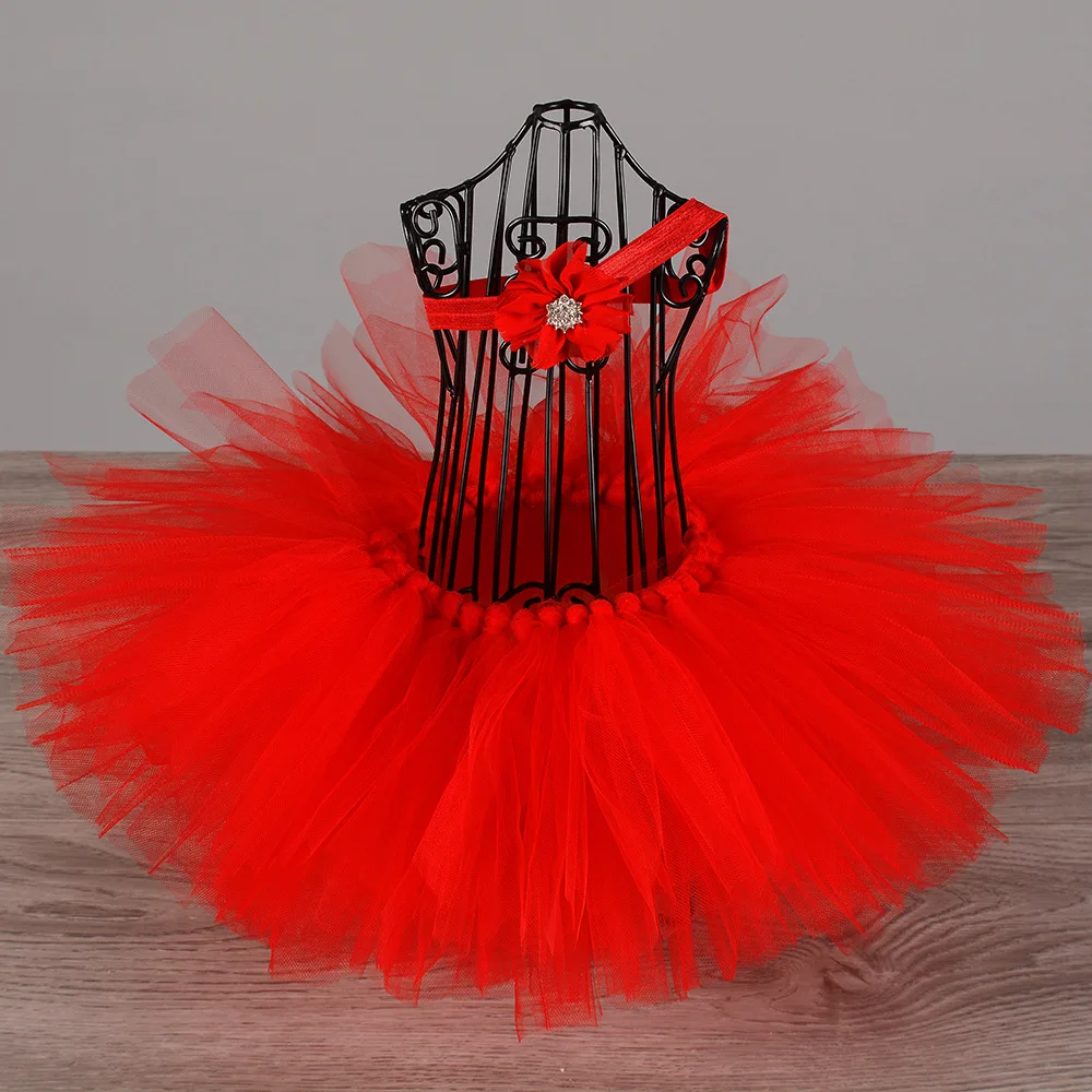 

Girls Red Tutu Skirt Baby Ballet Dance Tutus Tulle Pettiskirts Underskirt with Flower Hairbow Kids Birthday Party Costume Skirts