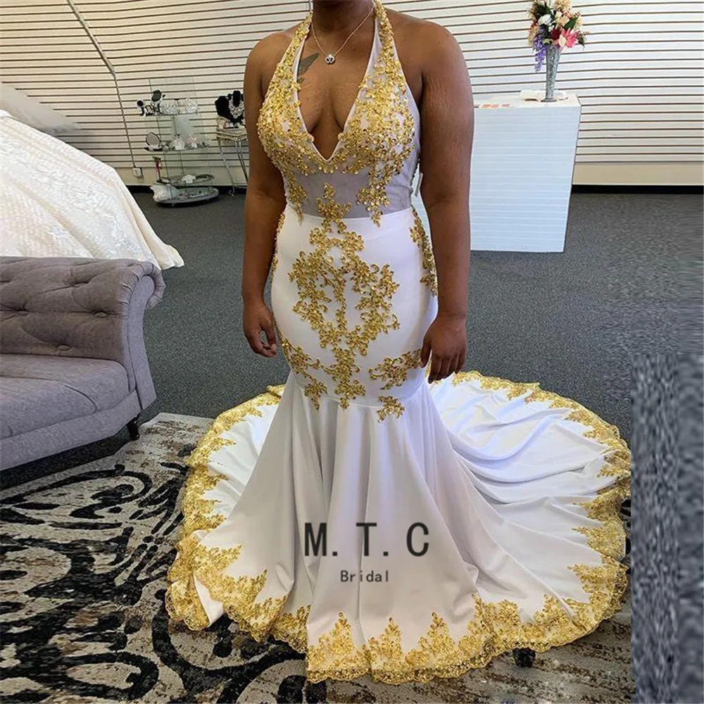 Amazing White Mermaid African Evening Dress Backless Halter Gold Lace Sweep Train Elastic Satin Long Prom Gowns 2019 Custom Made
Amazing White Mermaid African Evening Dress Backless Halter Gold Lace Sweep Train Elastic Satin Long Prom Gowns 2019 Custom Made