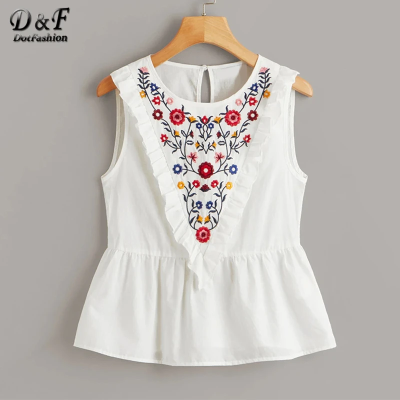 Dotfashion White Ruffle Trim Embroidery Print Peplum Womens Tops And Blouses 2019 Summer Cute Sleeveless Clothing Ladies Tops
Dotfashion White Ruffle Trim Embroidery Print Peplum Womens Tops And Blouses 2019 Summer Cute Sleeveless Clothing Ladies Tops