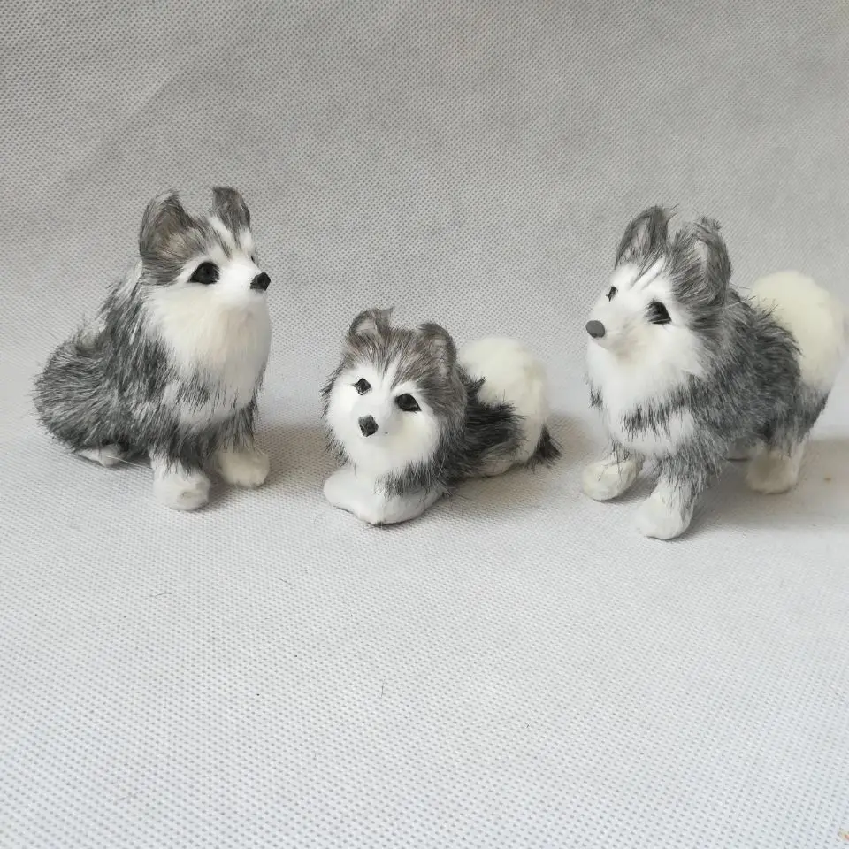 

about 10-12cm polyethylene&furs gray husky one lot/3 pieces home decoration props ,baby toy gift d0785