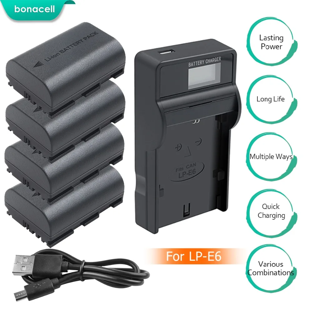 Bonacell 4 шт. LP-E6 LP E6 батарея с ЖК-зарядным устройством для EOS 5D Mark II III IV 60D 70D 80D камеры