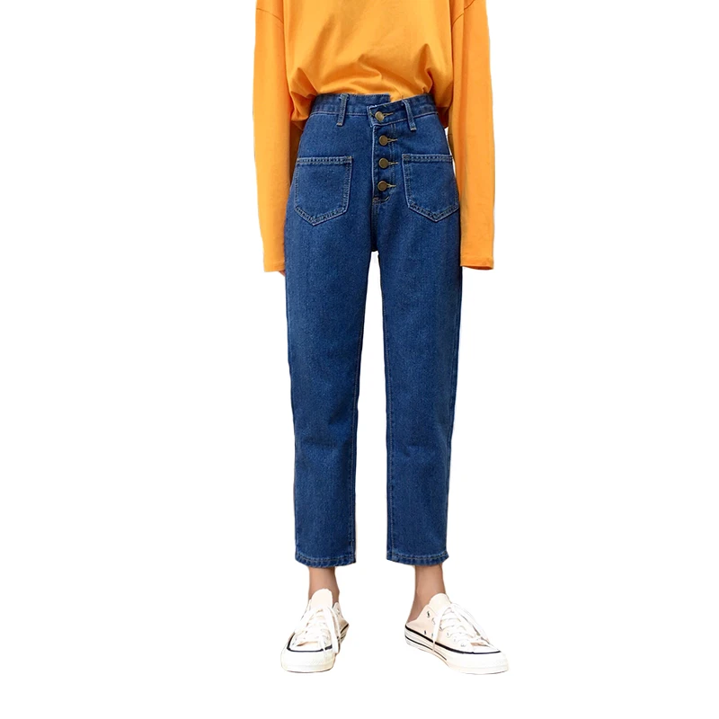 Good quality high waist girls jeans cropped denim pants with pockets | Женская одежда