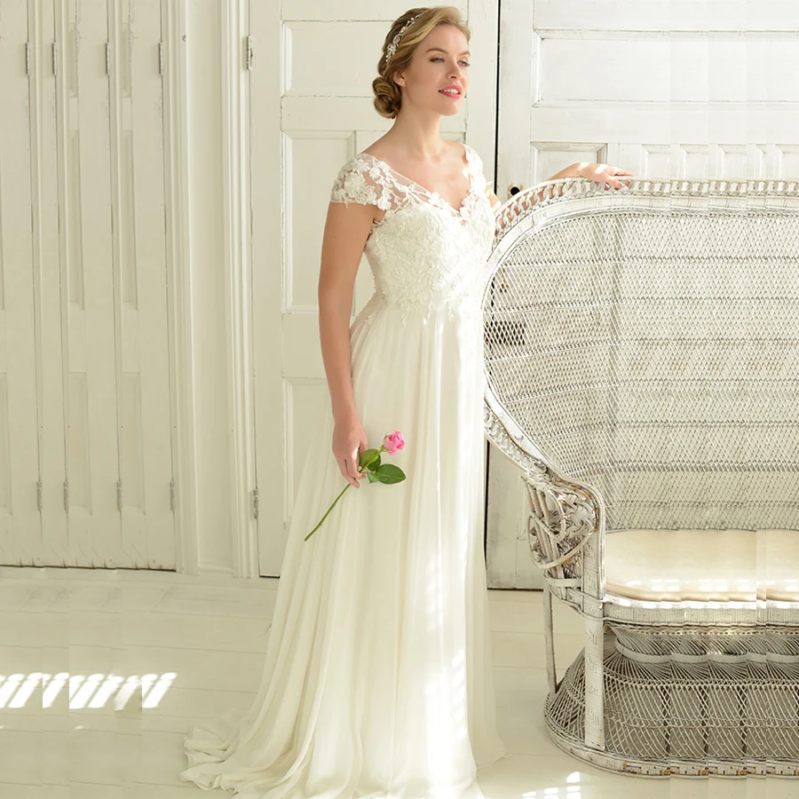 Eightale Plus Size Wedding Dress Cap Sleeve V-neck Chiffon Bridal Gown Vestido De Novia Backless Applique Beach Wedding Gown
Eightale Plus Size Wedding Dress Cap Sleeve V-neck Chiffon Bridal Gown Vestido De Novia Backless Applique Beach Wedding Gown