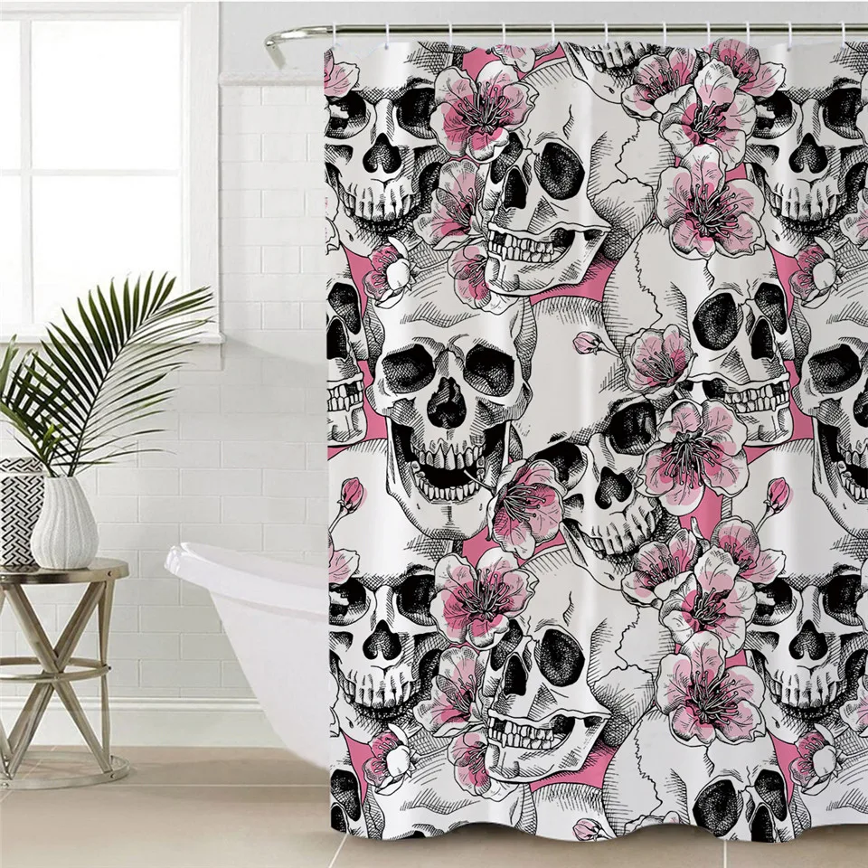 12 Hooks 180x180cm Floral Skull Novelty Horror Waterproof Shower Curtain 