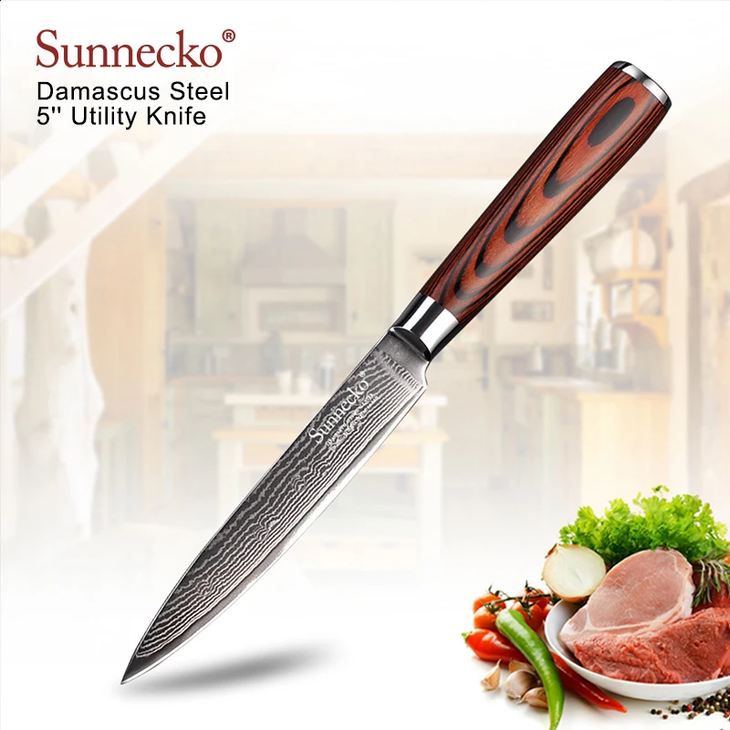 SUNNECKO 5" inch Utility Kitchen Chef Knife Japanese Damascus VG10 Steel Pakka Wood Handle Cutting Tools Razor Sharp Blade 60HRC
SUNNECKO 5" inch Utility Kitchen Chef Knife Japanese Damascus VG10 Steel Pakka Wood Handle Cutting Tools Razor Sharp Blade 60HRC