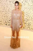 2014 New Arrival Gold Beaded Lace Modest Prom Dresses With Sleeves Evening Gown See Through Tulle A327
