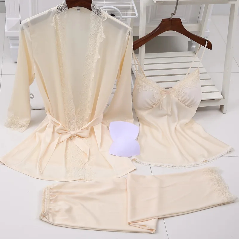 Ladies Sexy Silk Satin Pajama Set Lace Sleepwear Set Fashion Home Clothing V-neck Nightwear Bathrobe+Top+Pant 3 Pieces For Women
Ladies Sexy Silk Satin Pajama Set Lace Sleepwear Set Fashion Home Clothing V-neck Nightwear Bathrobe+Top+Pant 3 Pieces For Women
