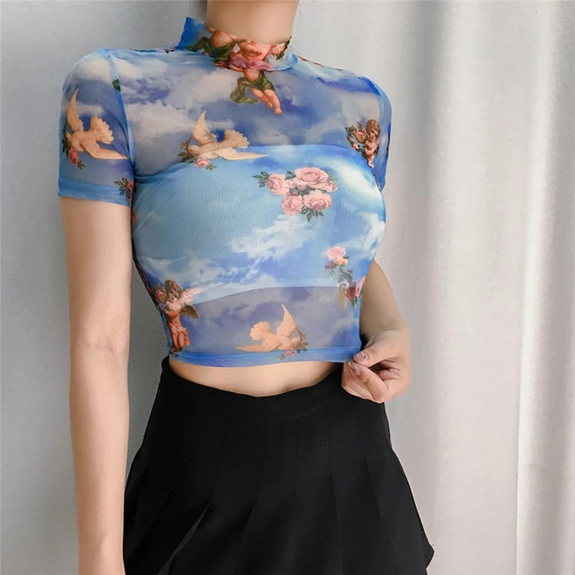 MIARHB Women Sexy Crop Top Angel Printed Perspective Short T-Shirt Half-High Collar Slim Shirt Dew Navel Mesh Streetwear A20
MIARHB Women Sexy Crop Top Angel Printed Perspective Short T-Shirt Half-High Collar Slim Shirt Dew Navel Mesh Streetwear A20