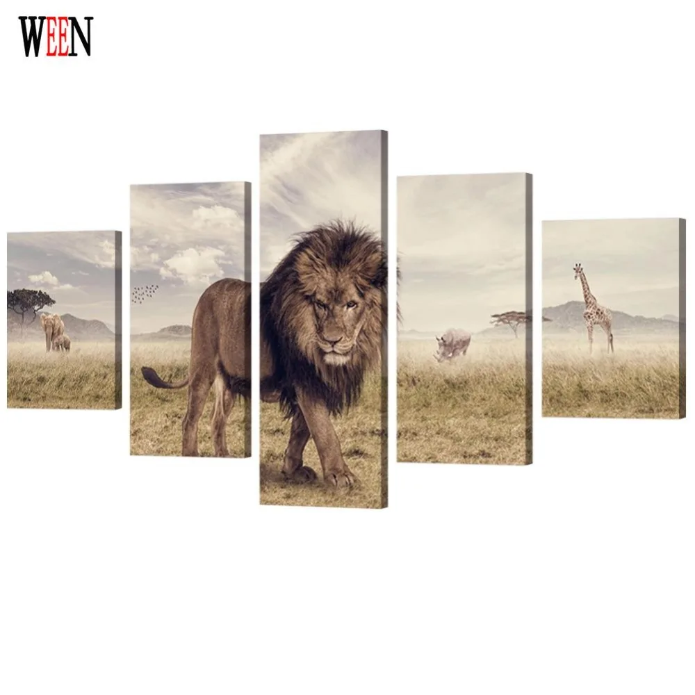 

HD Printed Animal Picture With Framed Direatly Handed 5 Piece Lion Canvas Art Wall Pictures For Living Room cuadros decoracion