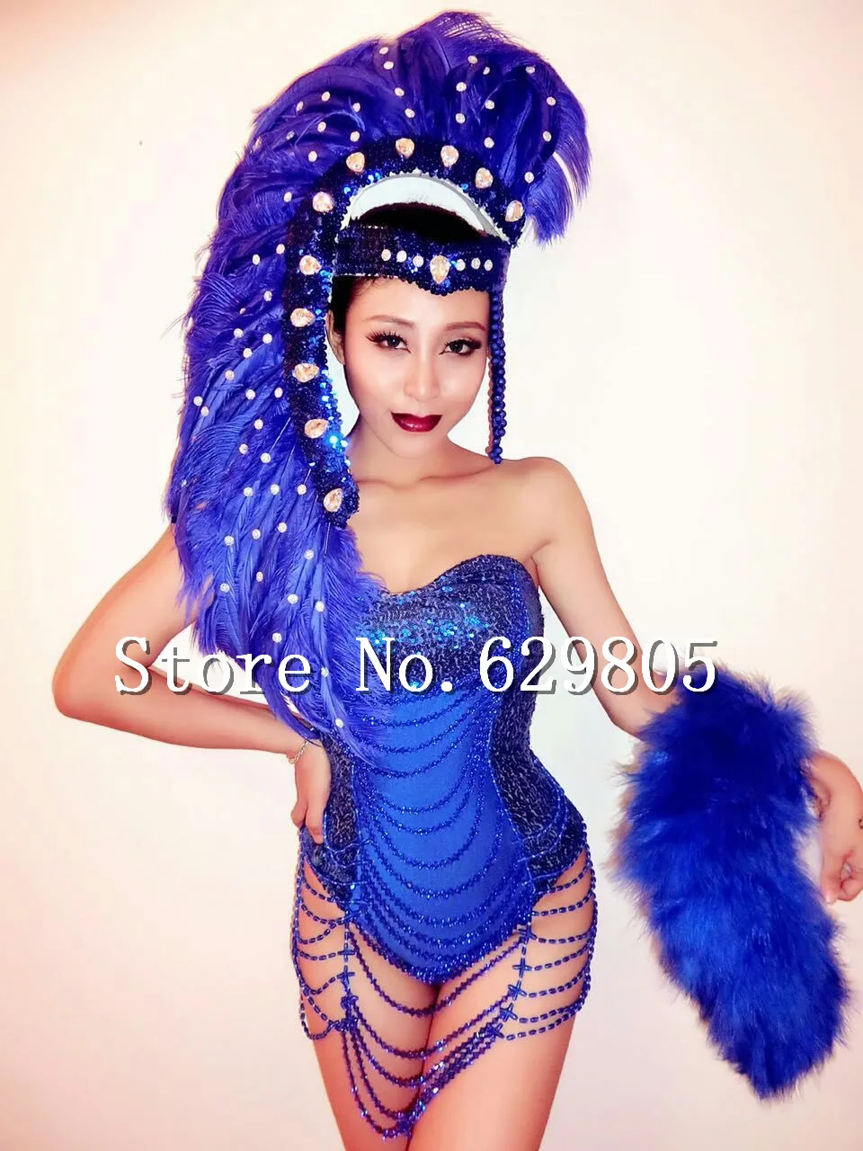 Blue Sequin Shining Rhinestone Beads Tassel Bodysuit Feather Headpiece Stage Wear Prom Outfit Leotard Female Singer Costume |