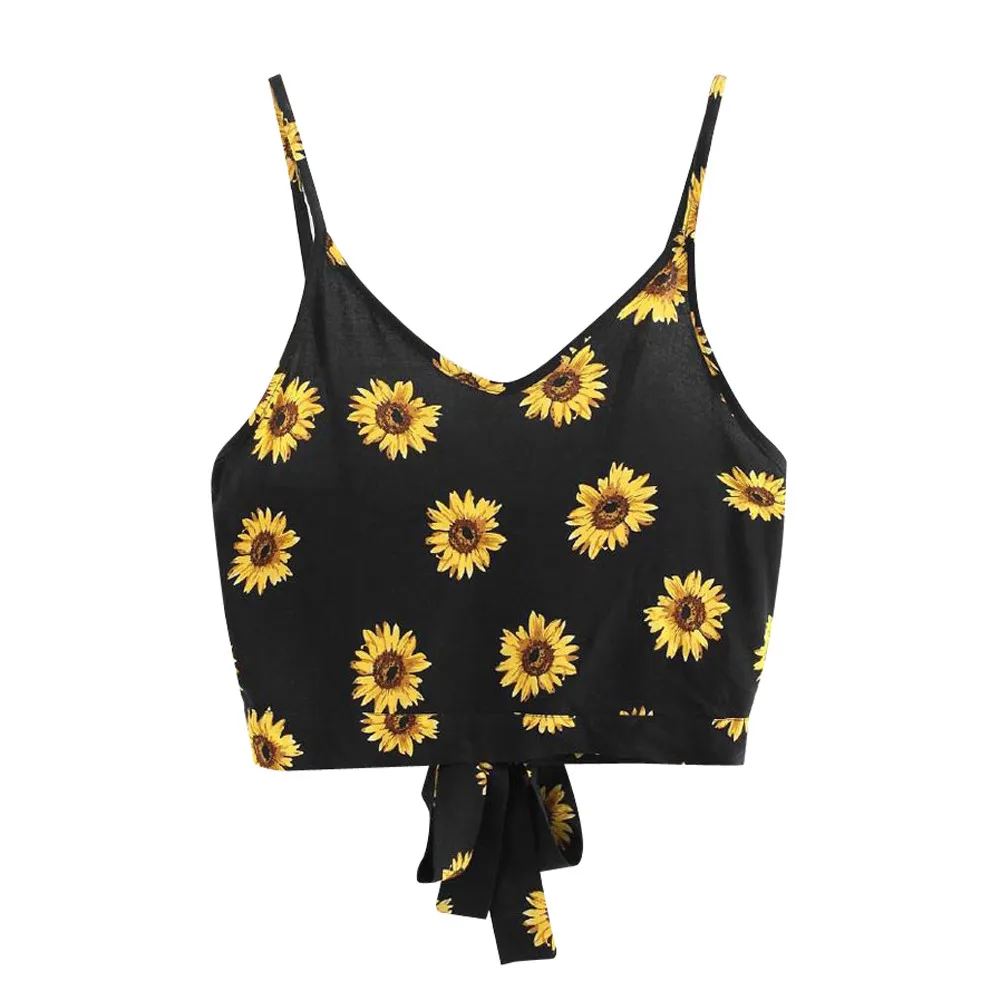 

Croptop Women Sexy Sunflower Black Vest Tops Women Self Tie Back V Neck Print Floral Crop Cami Top Camisole Blouse haut femme L2