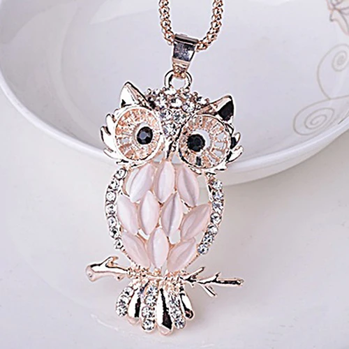 Image Women s Fashion Rhinestone Owl Pendant Necklace Sweater Chain Jewelry Gift
