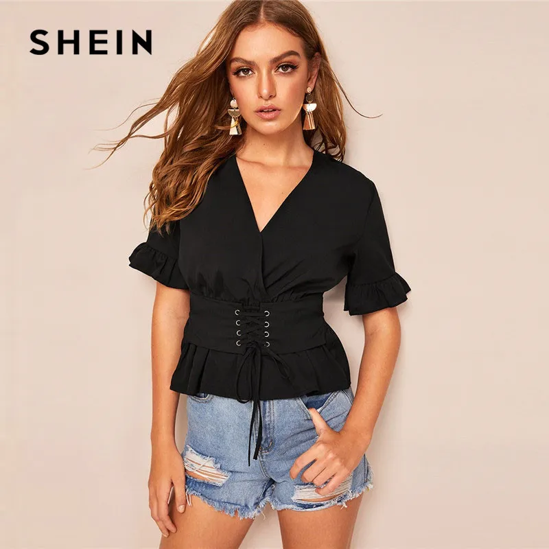 

SHEIN Black Flounce Sleeve Corset Detail Wrap Slim Fit Peplum Ladies Tops Summer Solid Elegant Lace Up V Neck Women Blouses