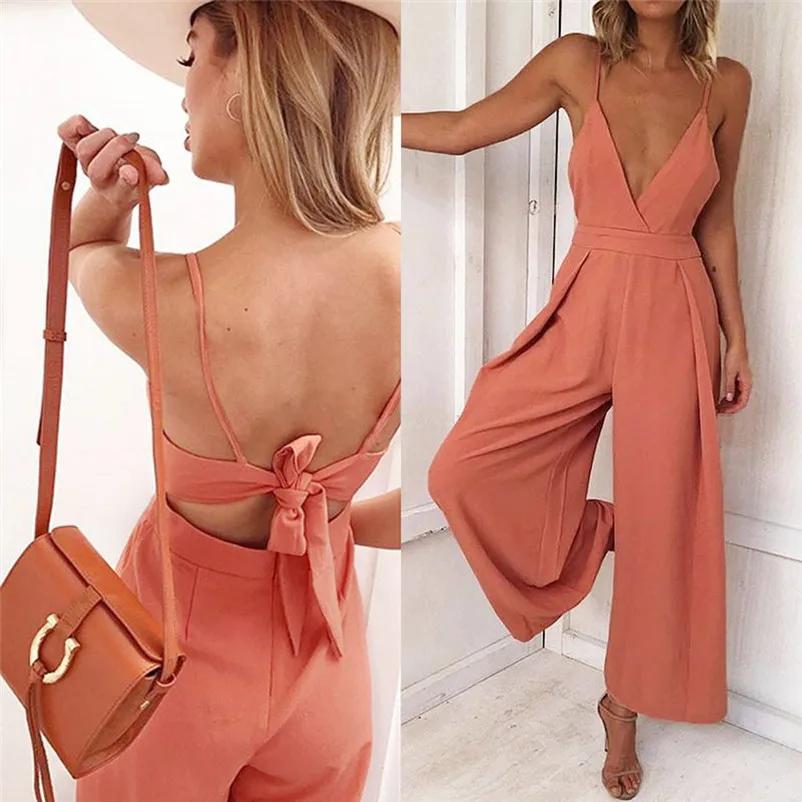 Fashion summer jumpsuit woman 2018 Causal V Neck Back Bow Jumpsuit Clubwear Bodycon Playsuit Bodysuit pantaloni siamesi J21#N (2)