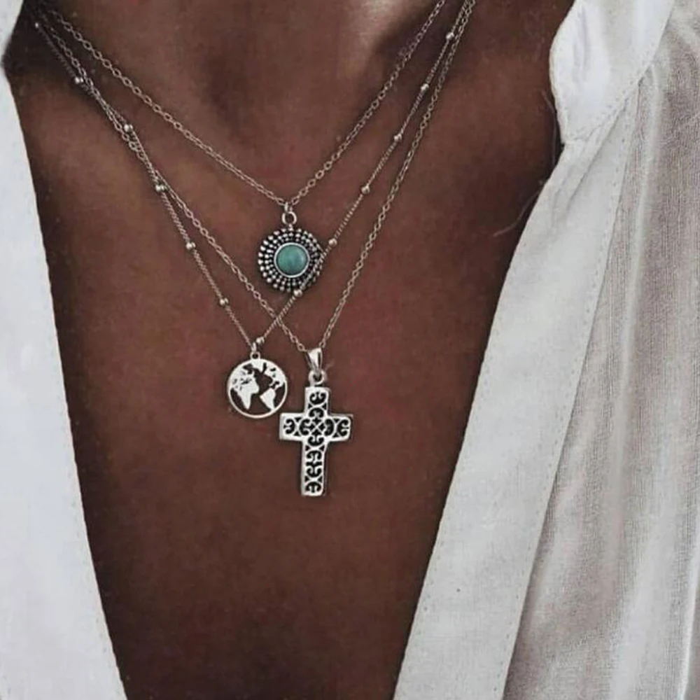 

3 Pcs/set Vintage Hollow Earth Cross Necklace for Women Fashion Pendant Choker Multilayer Silver Long Necklaces Boho Jewelry