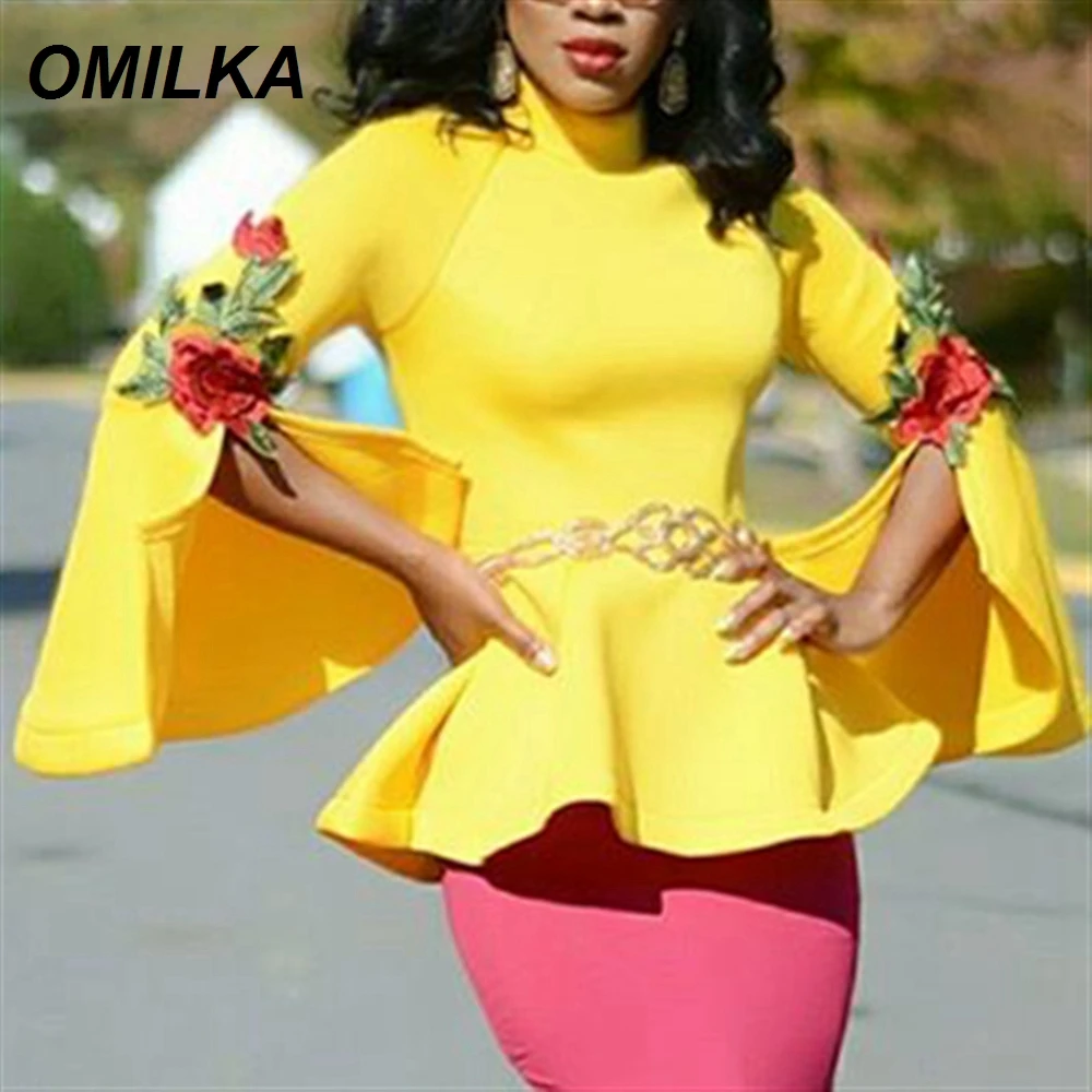 Женская блузка с баской OMILKA желтая офисная составного кроя расклешенными