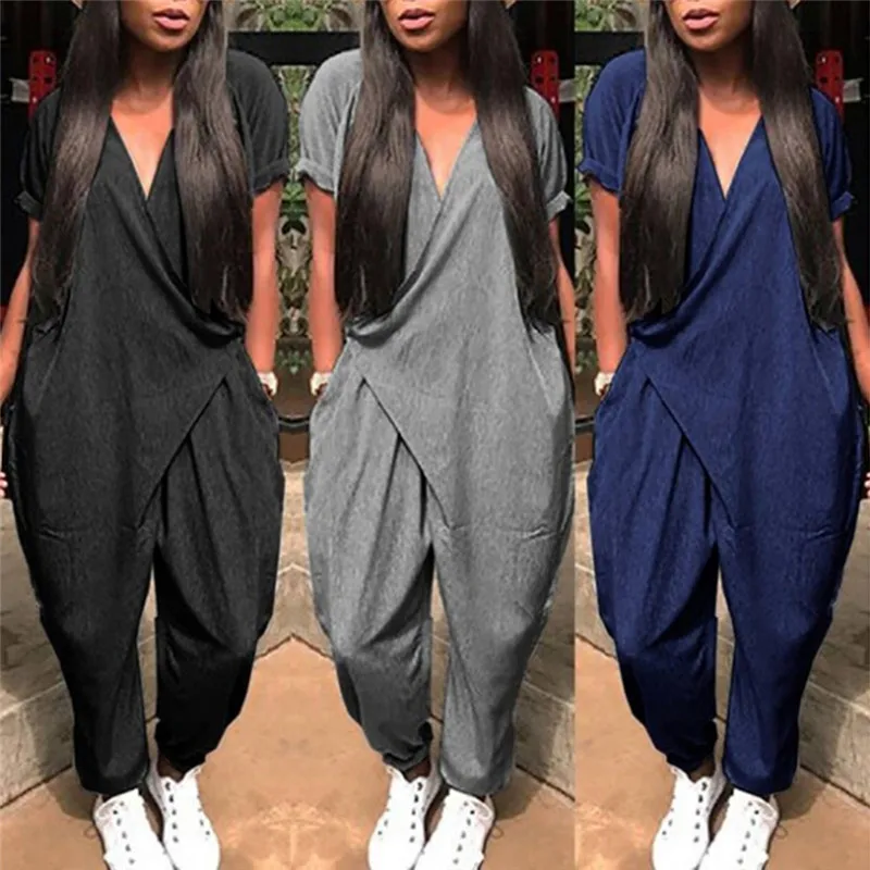 Romper With Pockets Office Ladies Summer Fashion V-neck Bodysuit Loose Short Sleeve Harem Pants Jumpsuit Solid Color
Romper With Pockets Office Ladies Summer Fashion V-neck Bodysuit Loose Short Sleeve Harem Pants Jumpsuit Solid Color