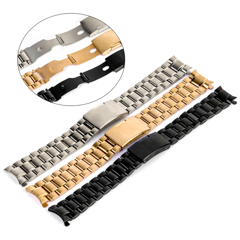 18/20/22/24mm Curved End Watch Band Unisex Stainless Steel Metal Wristwatch Strap Double Fold Deployment Clasp Bracelet 3 Colors