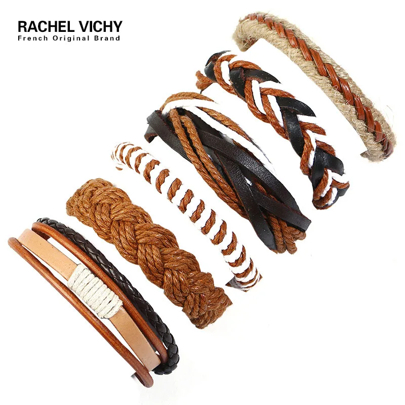 RACHEL VICHY 6 шт./компл. кожаные браслеты в стиле панк мужские и женские плетеные с
