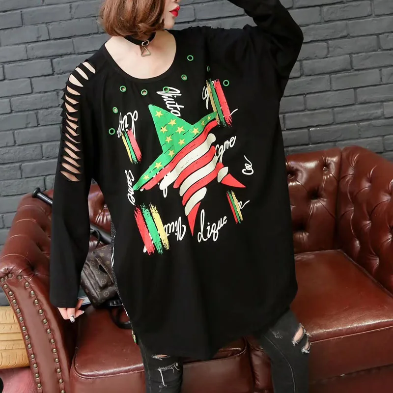 Hip Hop style autumn new fashion women's top off the shoulder hole O neck Rivet Plus size women oversized t shirt
Hip Hop style autumn new fashion women's top off the shoulder hole O neck Rivet Plus size women oversized t shirt