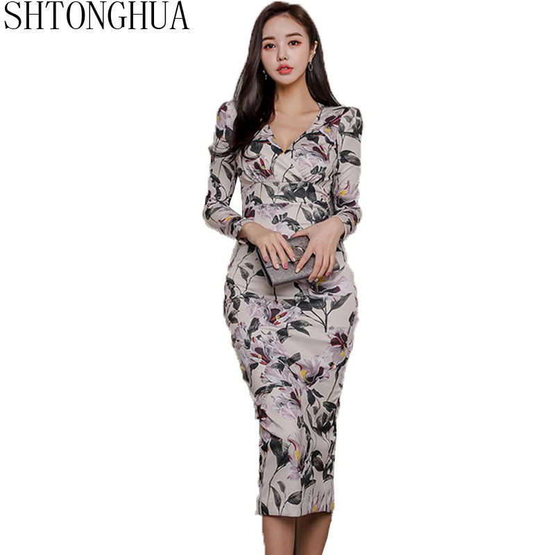 SHTONGHUA 2019 Spring Sexy V-Neck Elegant Women Dress print flowers Long sleeve Bodycon Office OL Sheath Dress
SHTONGHUA 2019 Spring Sexy V-Neck Elegant Women Dress print flowers Long sleeve Bodycon Office OL Sheath Dress