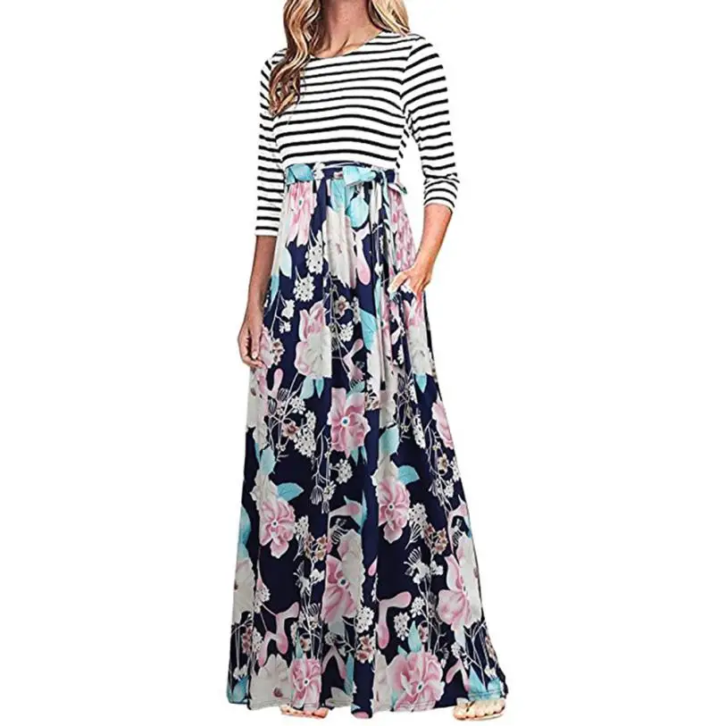Женское платье макси с цветочным принтом длинным рукавом и высокой талией