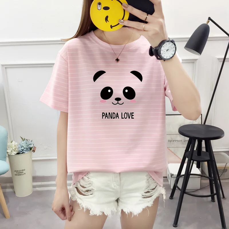Women Panda T-shirt Sweatshirts Harajuku Sweet Letter Printed Short Sleeve Tees Casual Cotton Stripe Female Top Korean Clothing
Women Panda T-shirt Sweatshirts Harajuku Sweet Letter Printed Short Sleeve Tees Casual Cotton Stripe Female Top Korean Clothing